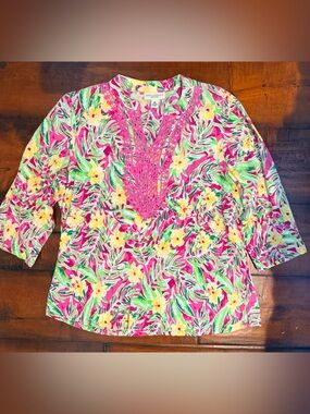 Appleseed's Hot Pink Floral Crochet-Trim Pullover Blouse